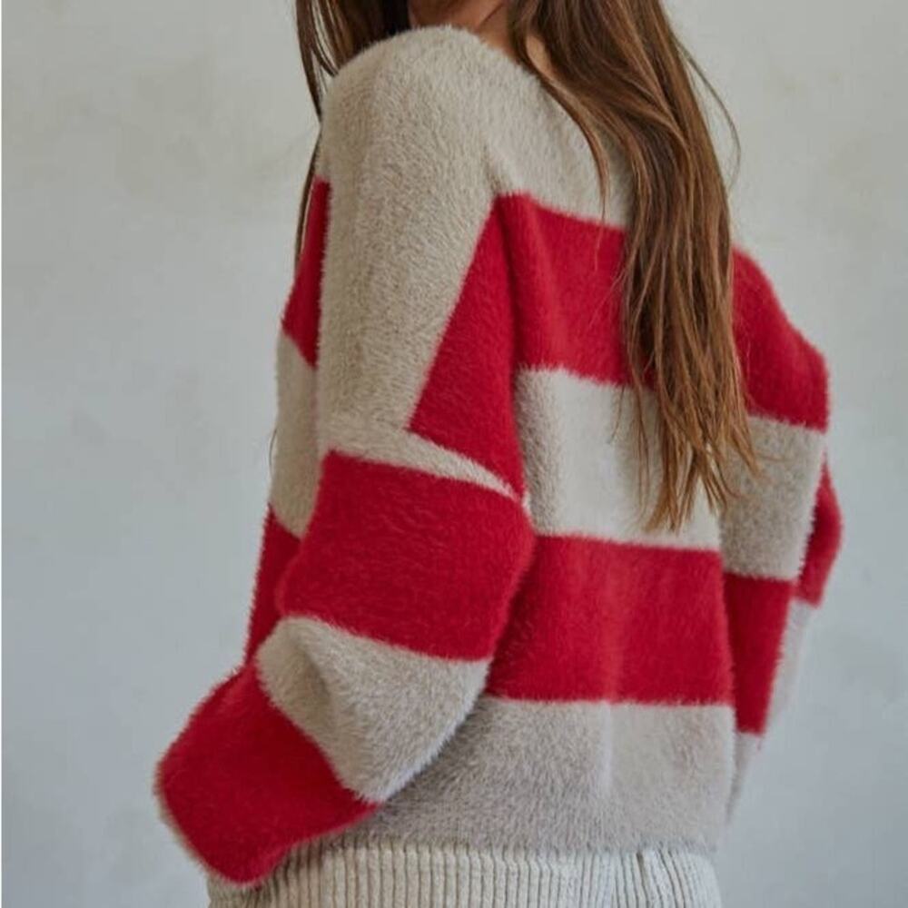 NWT By Together Striped Fuzzy Knit V-Neck Sweater in Red and Taupe - Size S - Picture 2 of 7